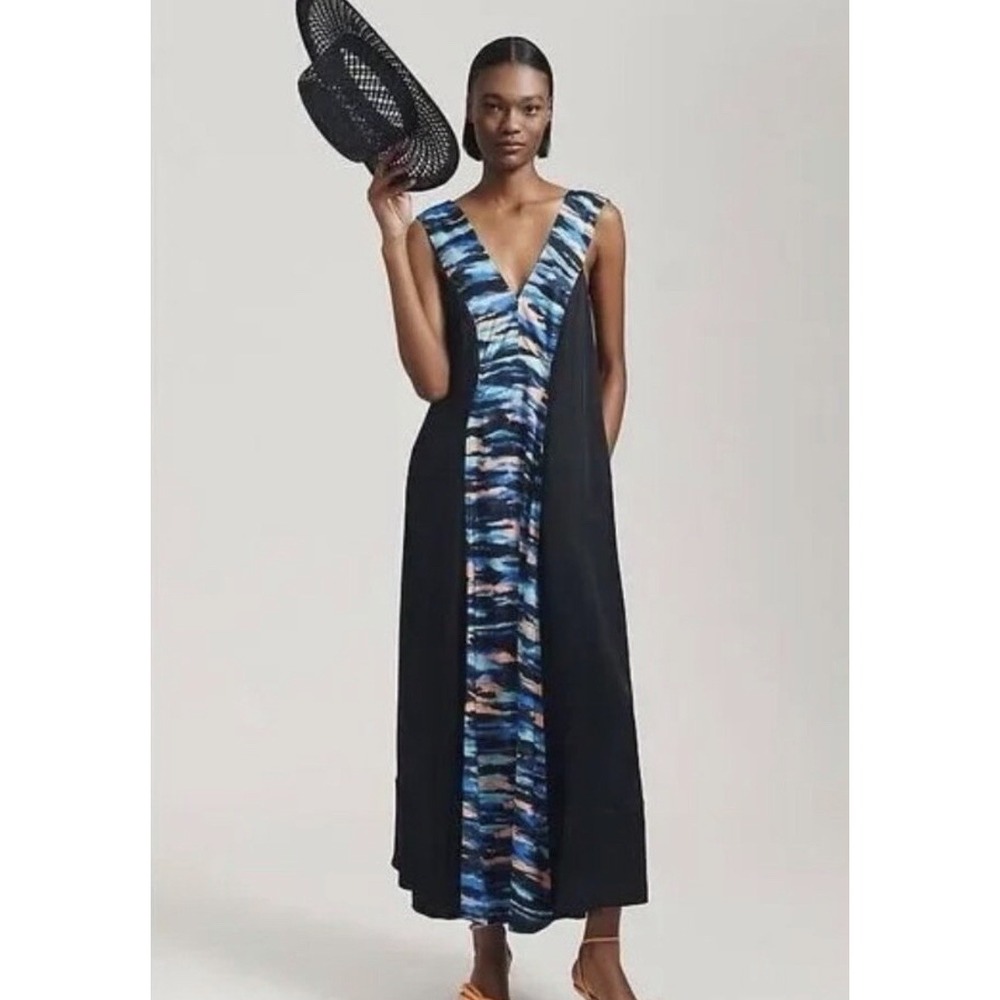 Maeve Anthropologie Tie Dye Watercolor‎ Black Blue Maxi Artsy Tank Flowy Dress